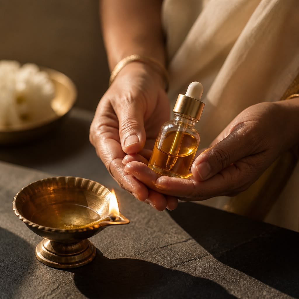 Illustrative botanical oil in an unbranded bottle, held above a brass bowl