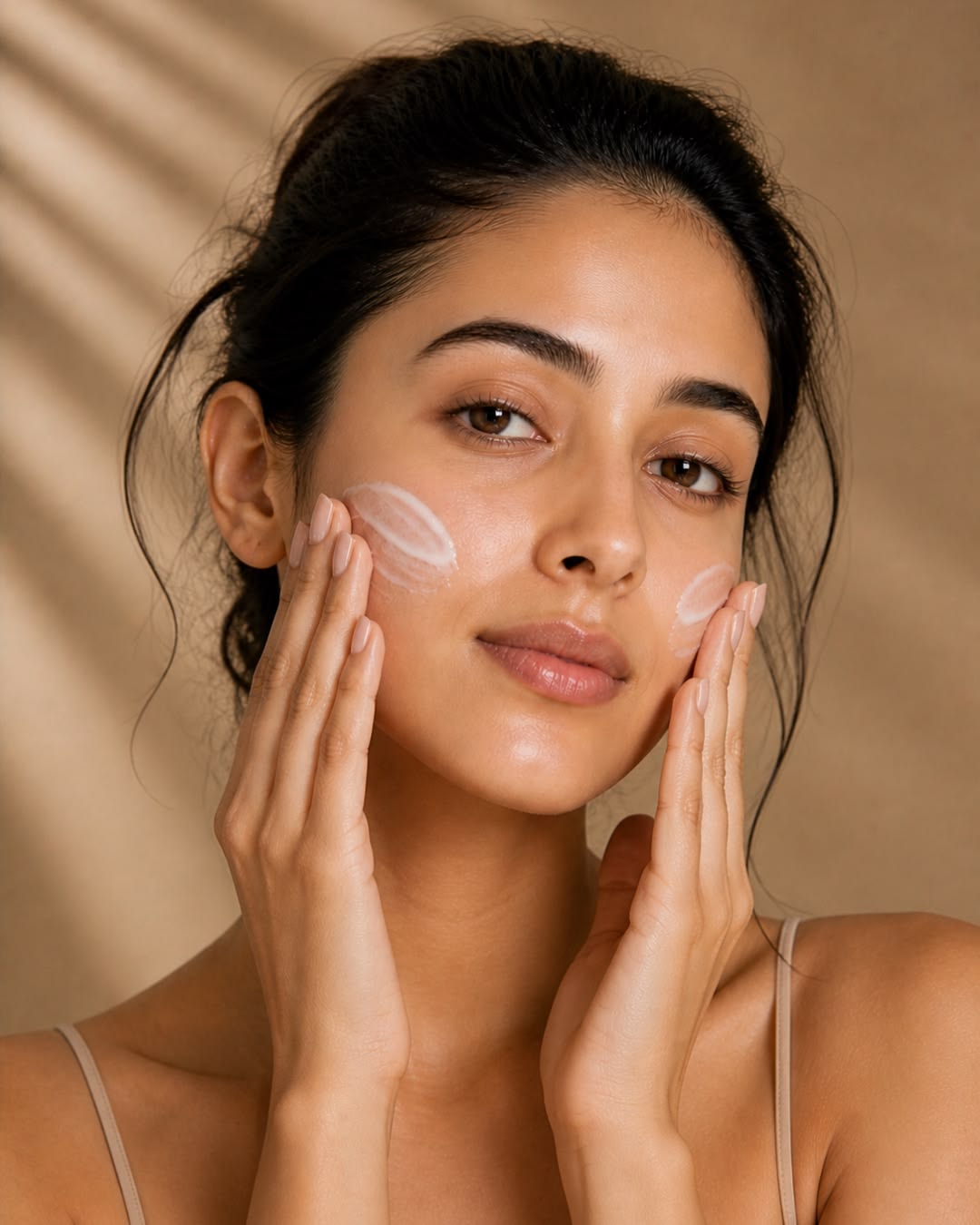 Woman applying face cream to her cheeks