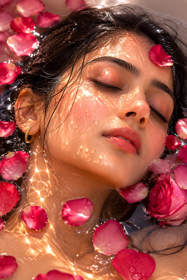 Woman surrounded by rose petals floating on water