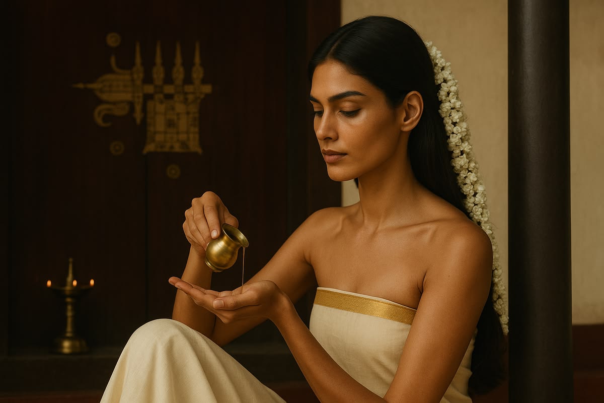 Woman pouring oil from a brass vessel into her palm in a warmly lit room