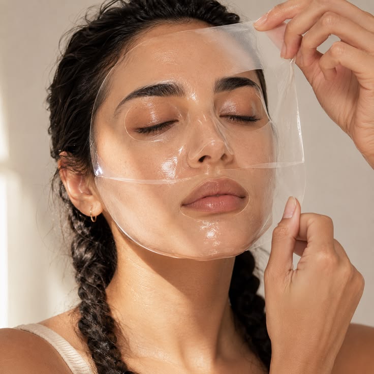 Woman applying a translucent sheet mask to her face