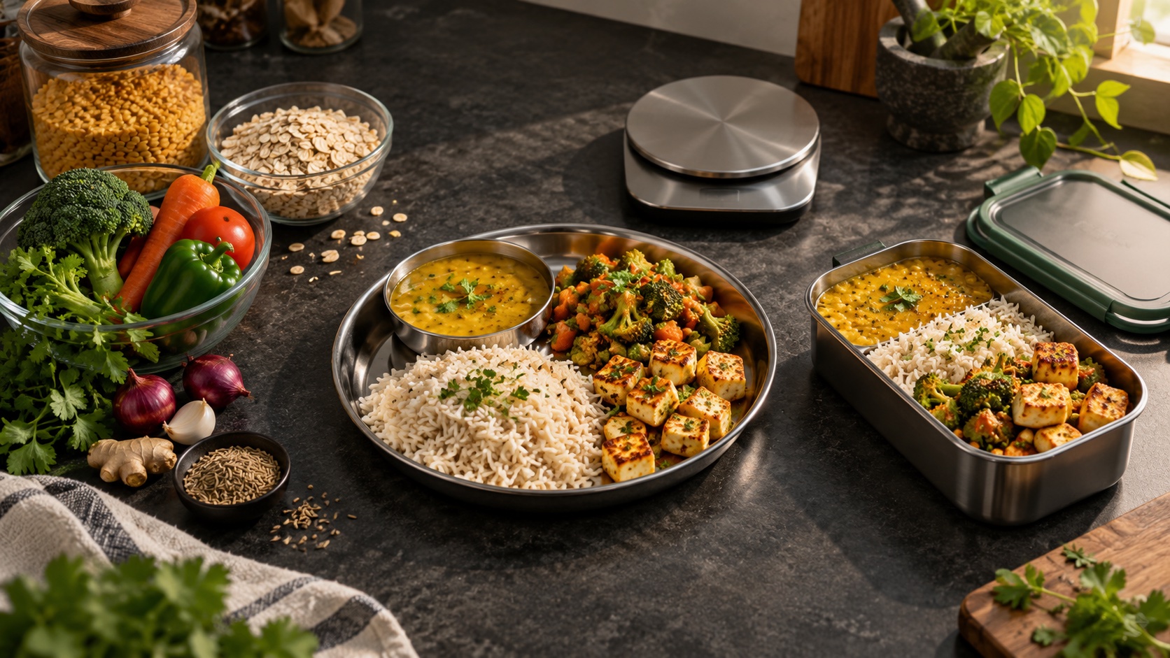 Indian pantry ingredients beside a dal, rice, paneer and vegetable thali, with the meal packed into a lunch box