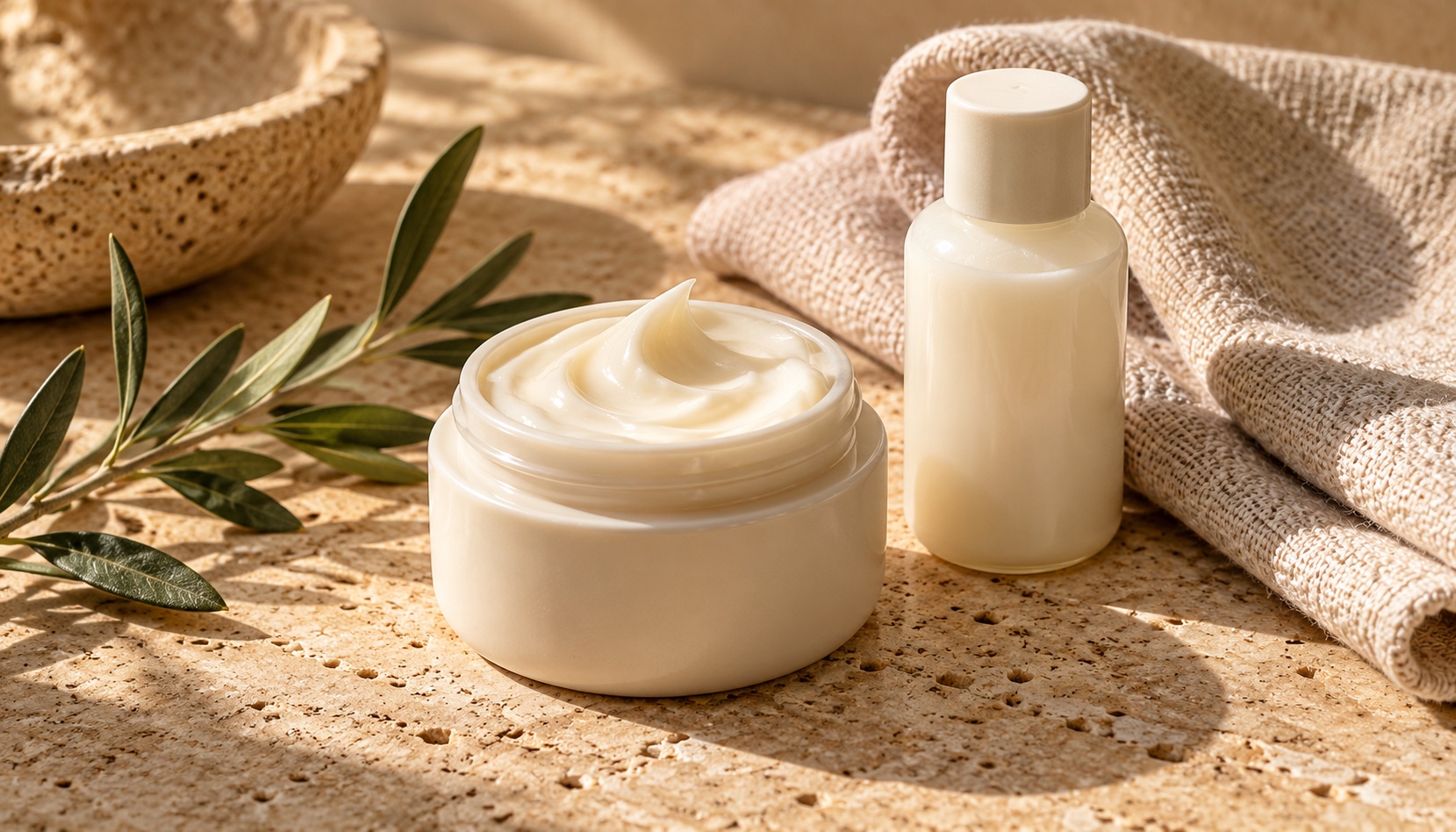 Rich cream and a milky cleanser on warm travertine beside soft linen