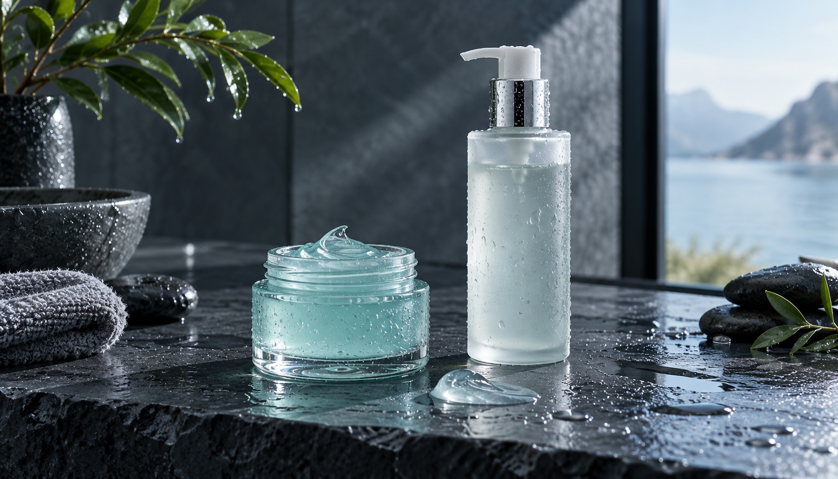 A clear gel moisturiser and frosted cleanser on cool slate