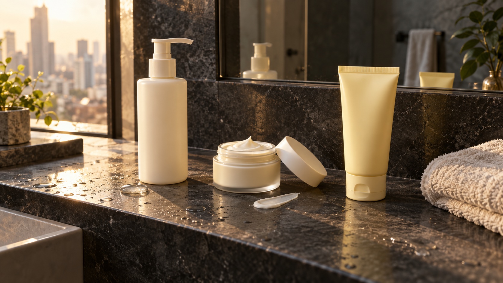 An unbranded cleanser, moisturiser and sunscreen on a bathroom shelf in warm morning light