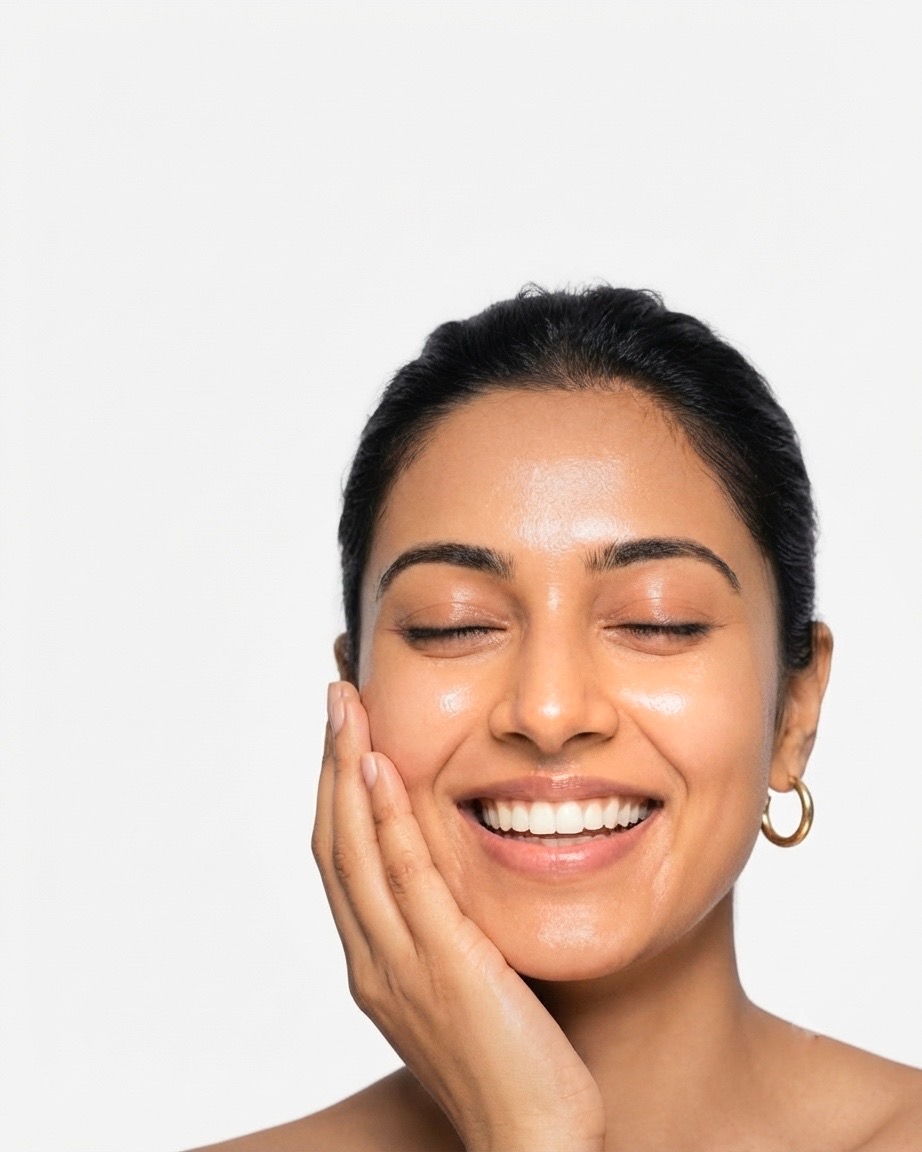 A smiling woman resting her hand on her cheek