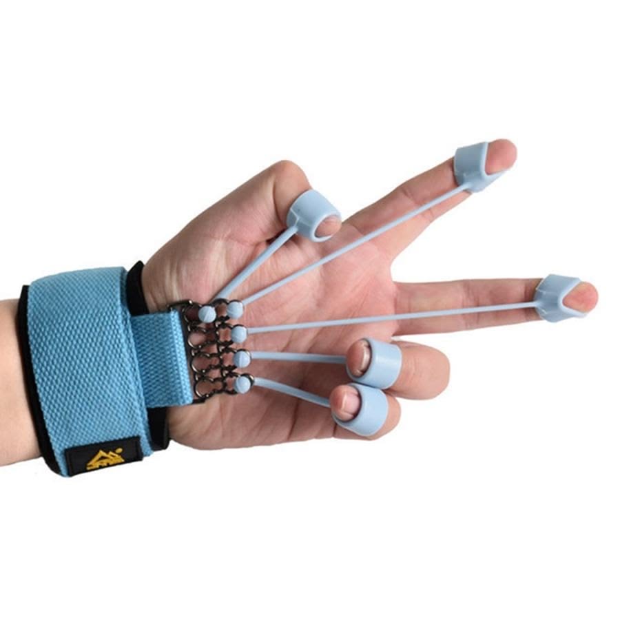 Hand using finger extension resistance bands with a wrist strap