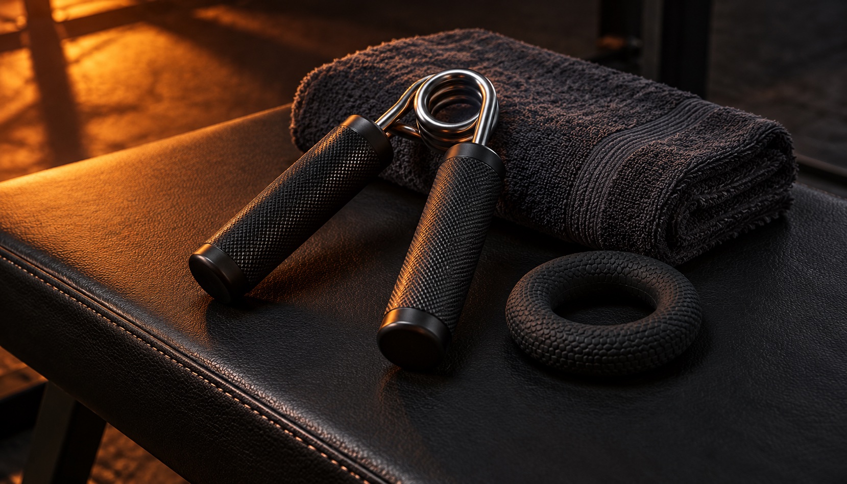 A spring hand gripper and silicone grip ring on a gym bench