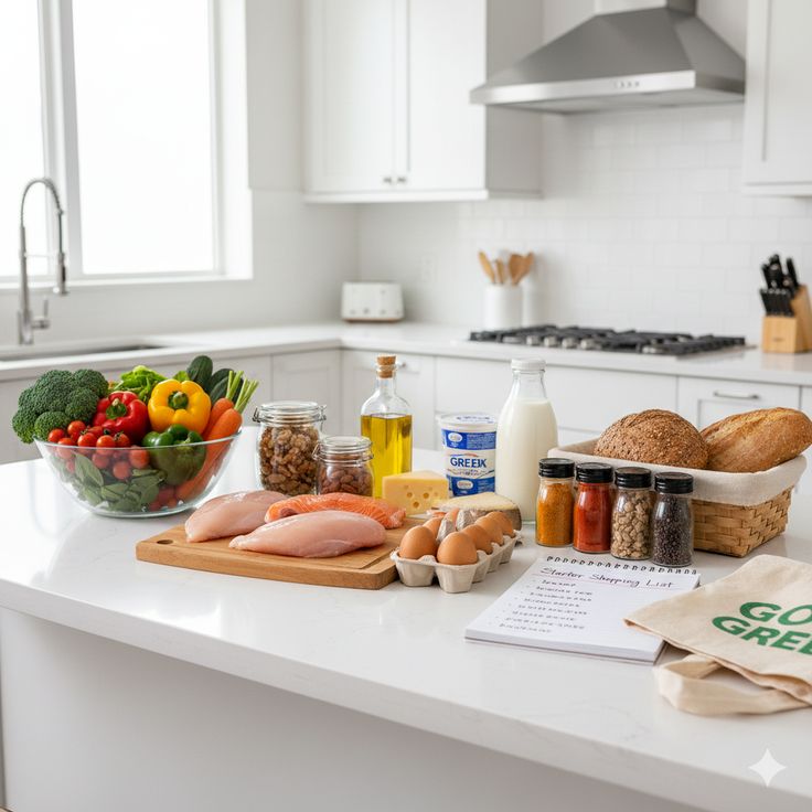 Groceries and meal-preparation ingredients arranged on a bright kitchen counter