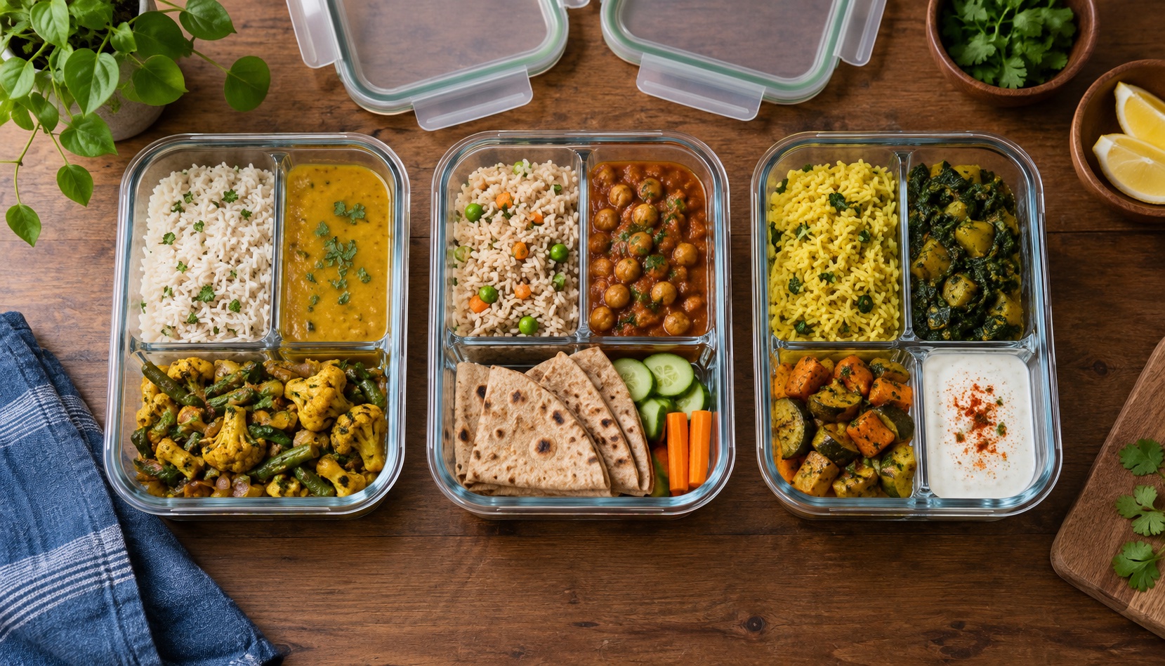 Three glass lunch containers filled with rice, dal, vegetables and roti
