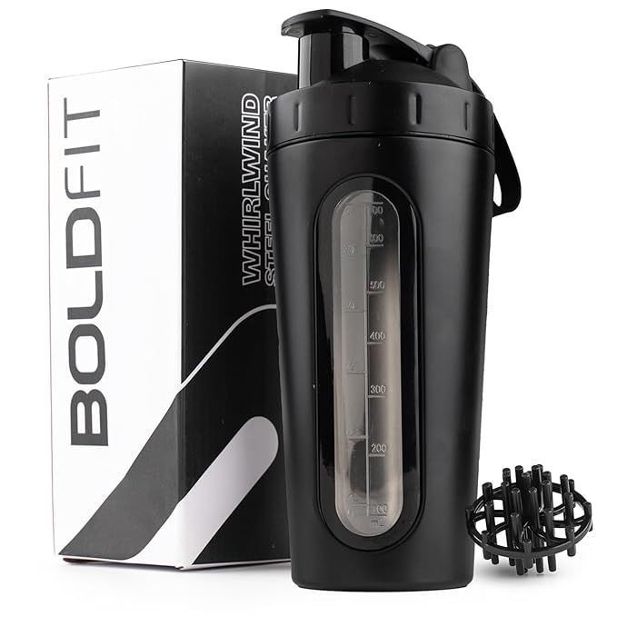 Black Boldfit shaker bottle with packaging and mixing insert