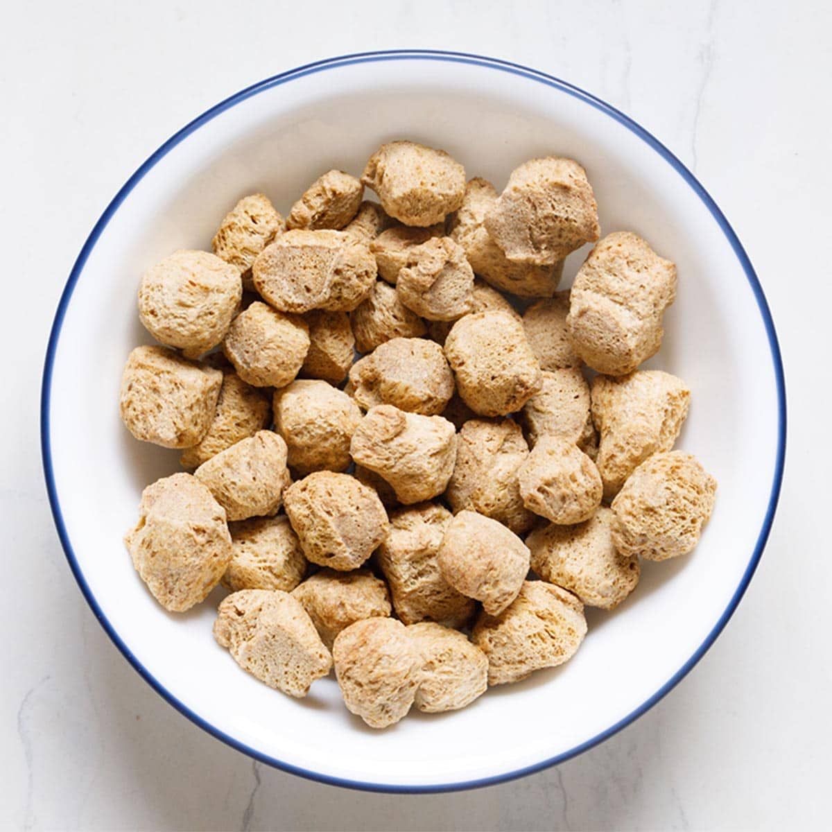Plain dry soya chunks in a white bowl