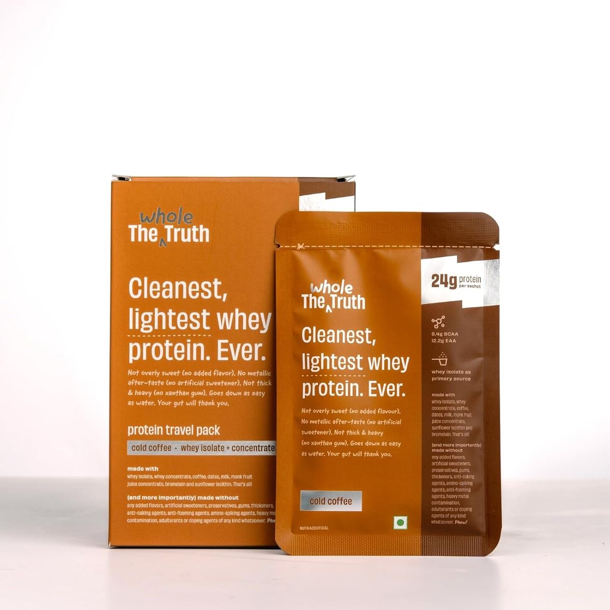 The Whole Truth cold-coffee whey travel pack and sachet