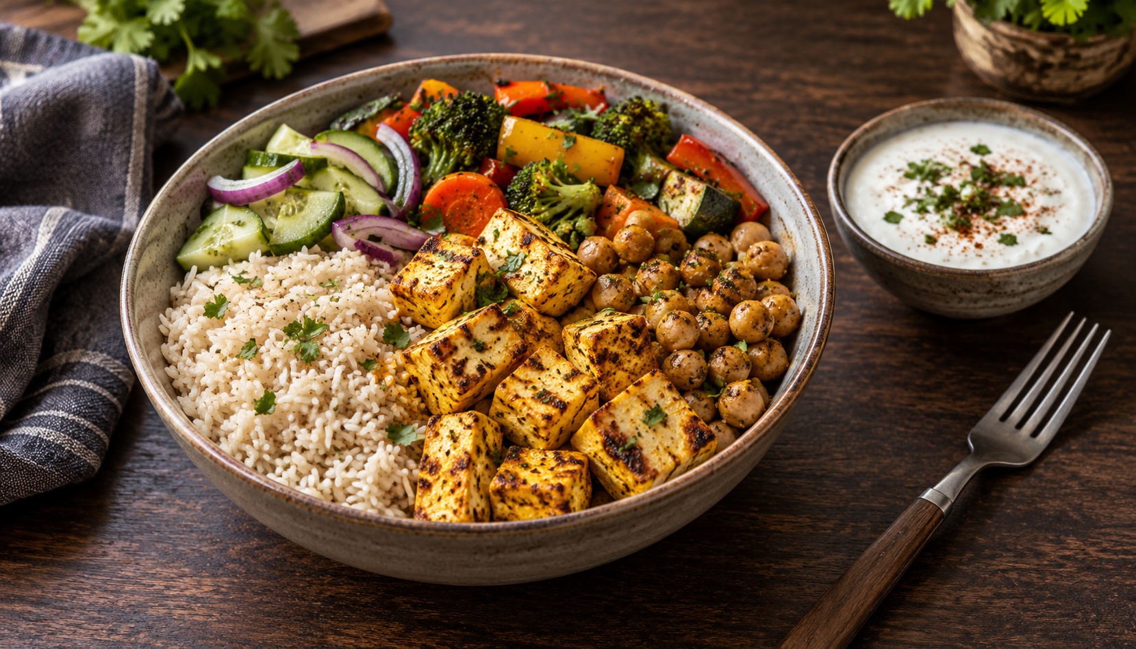 Paneer, chickpeas, rice and vegetables with a bowl of curd