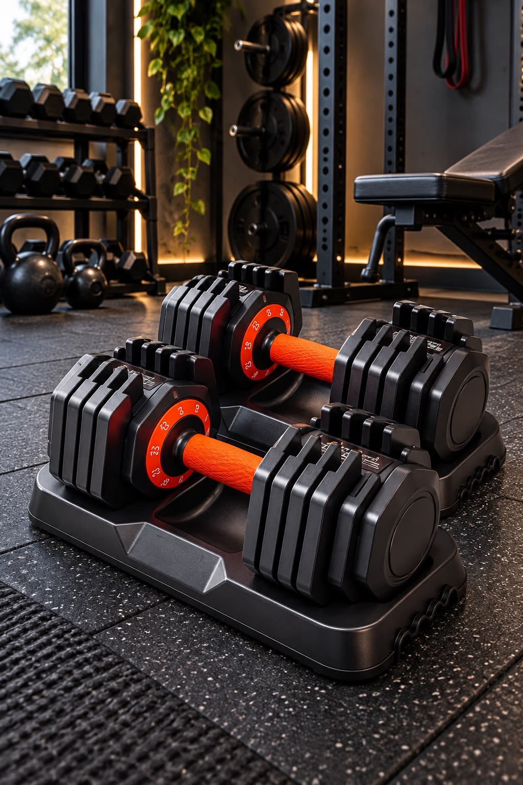 Pair of adjustable dumbbells with orange handles in a home gym