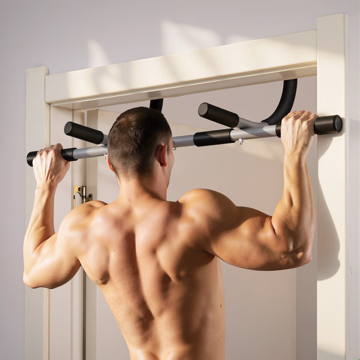 Man using a doorway-mounted pull-up bar