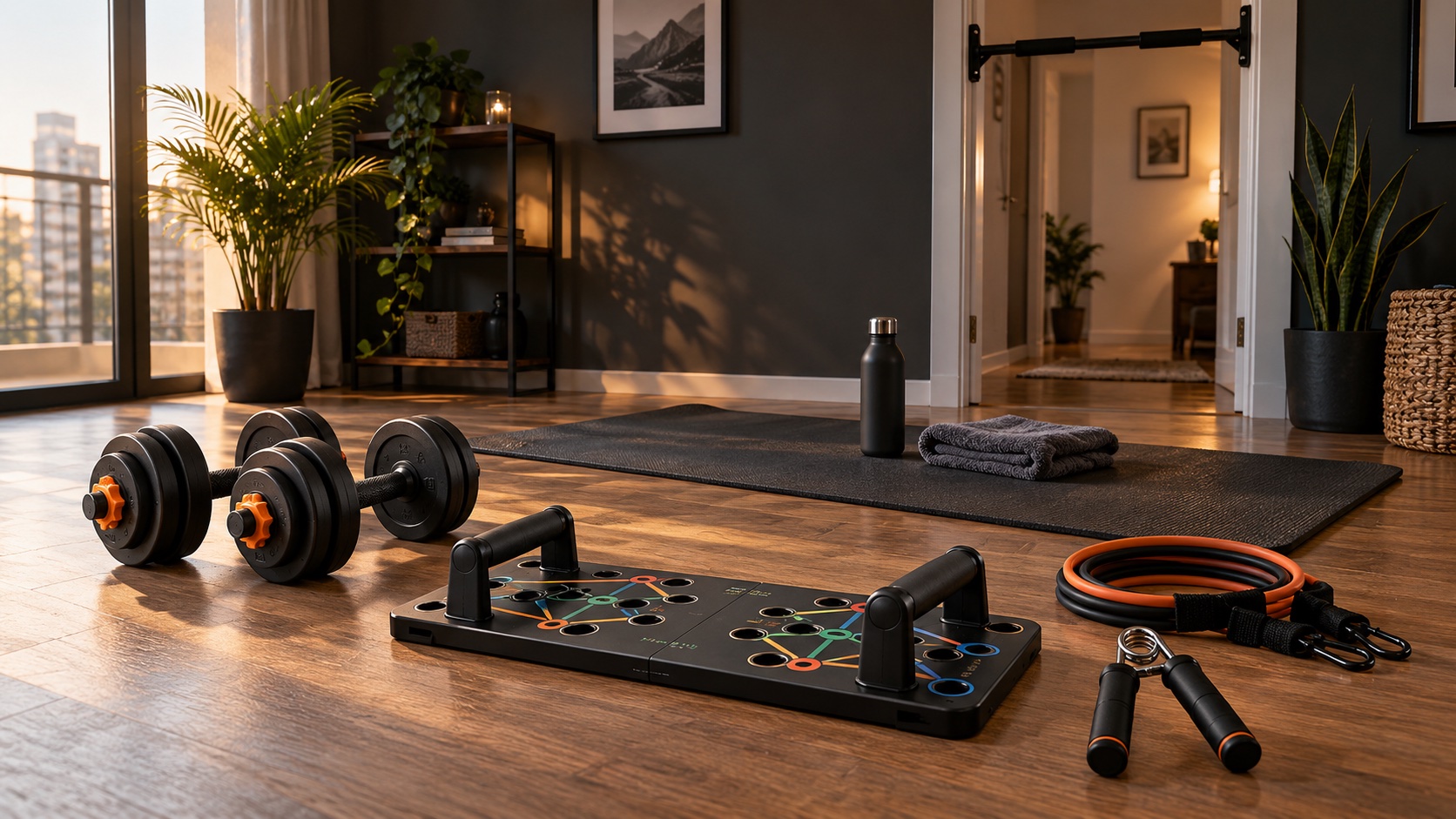 A compact home workout space with dumbbells, a push-up board, resistance bands, a grip trainer and an exercise mat