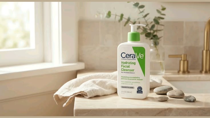 CeraVe Hydrating Facial Cleanser bottle on a sunlit bathroom counter