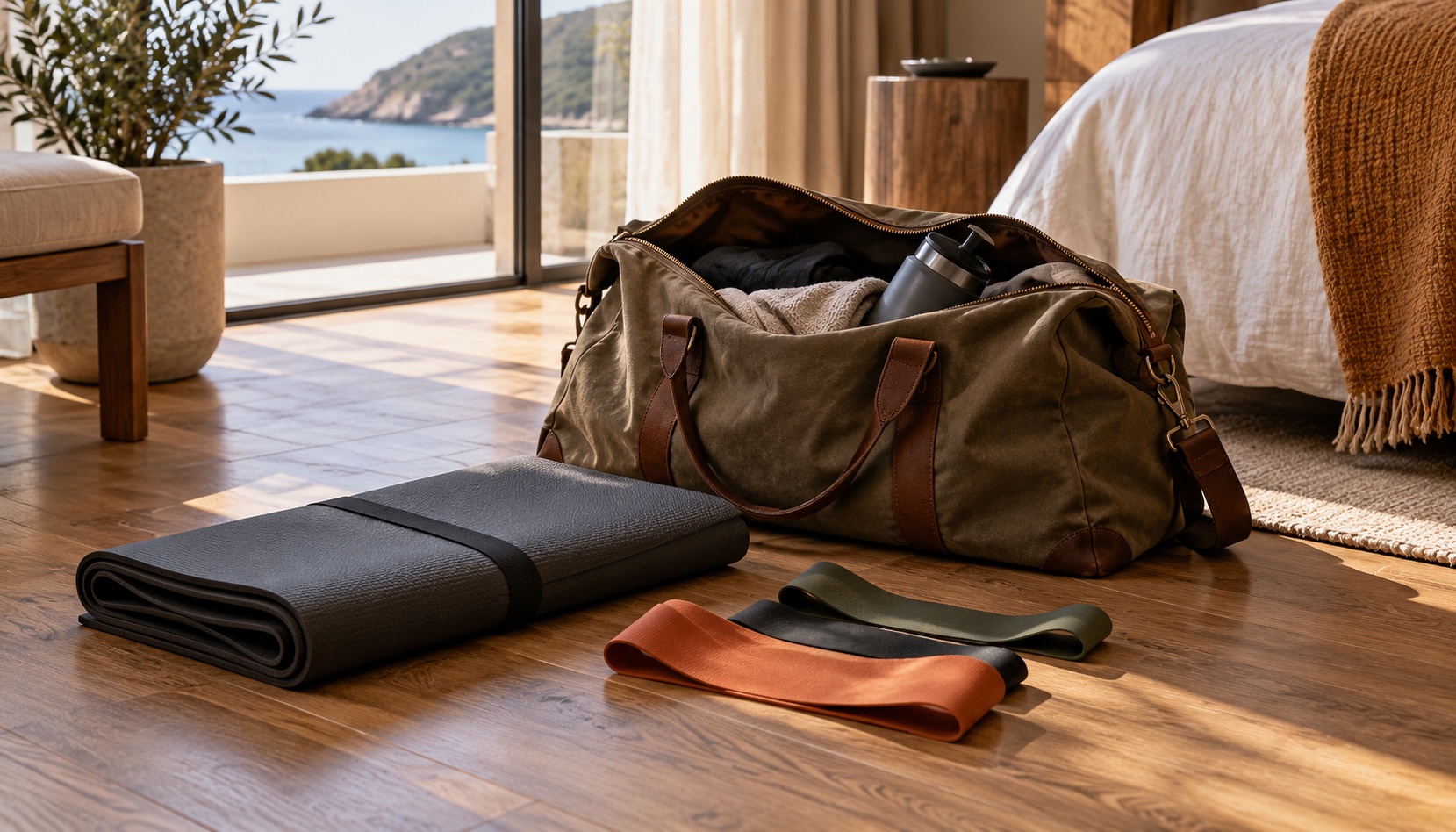 Resistance bands and a folded exercise mat beside a travel bag