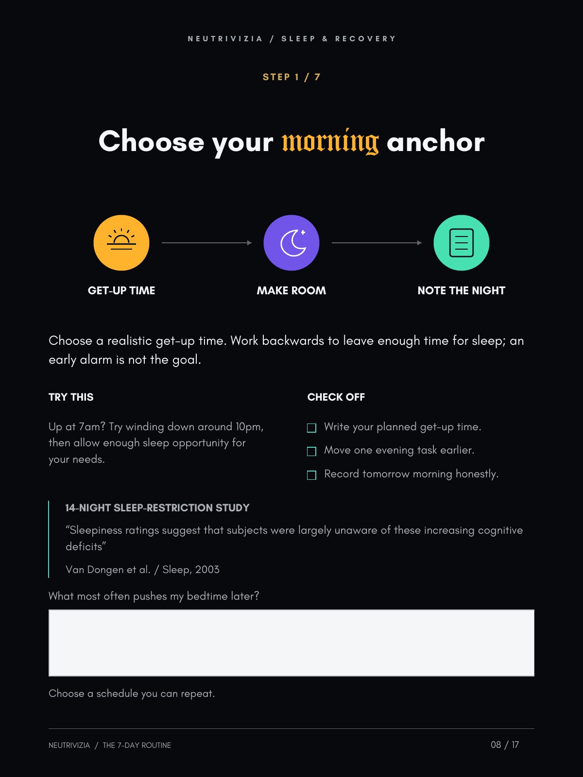 THE SLEEP & RECOVERY ROUTINE, page 8: Step one: your morning anchor