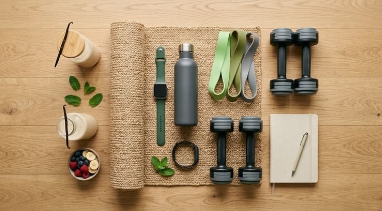 Flat lay of a mat, resistance bands, dumbbells, a water bottle and a notebook