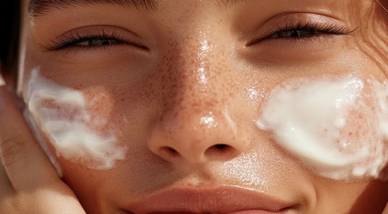 Close-up of a smiling face with cream on both cheeks